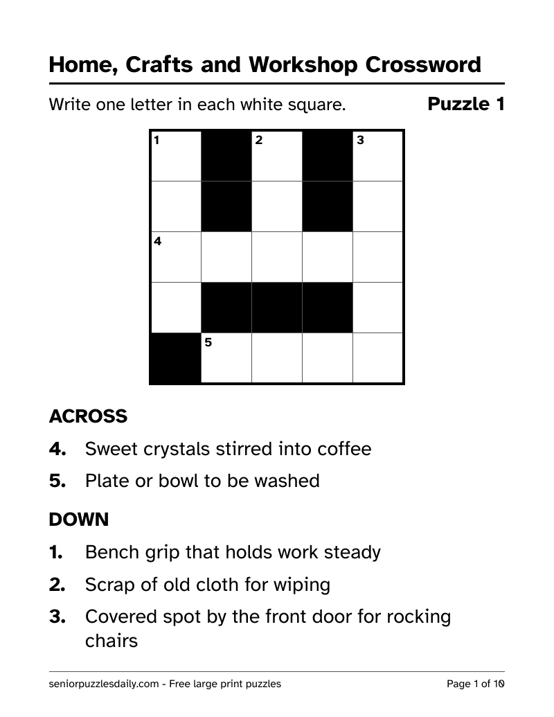 First page of the Home, Crafts and Workshop crossword PDF: a 5 by 5 crossword grid with clue numbers in the squares and the Across and Down clues in very large print