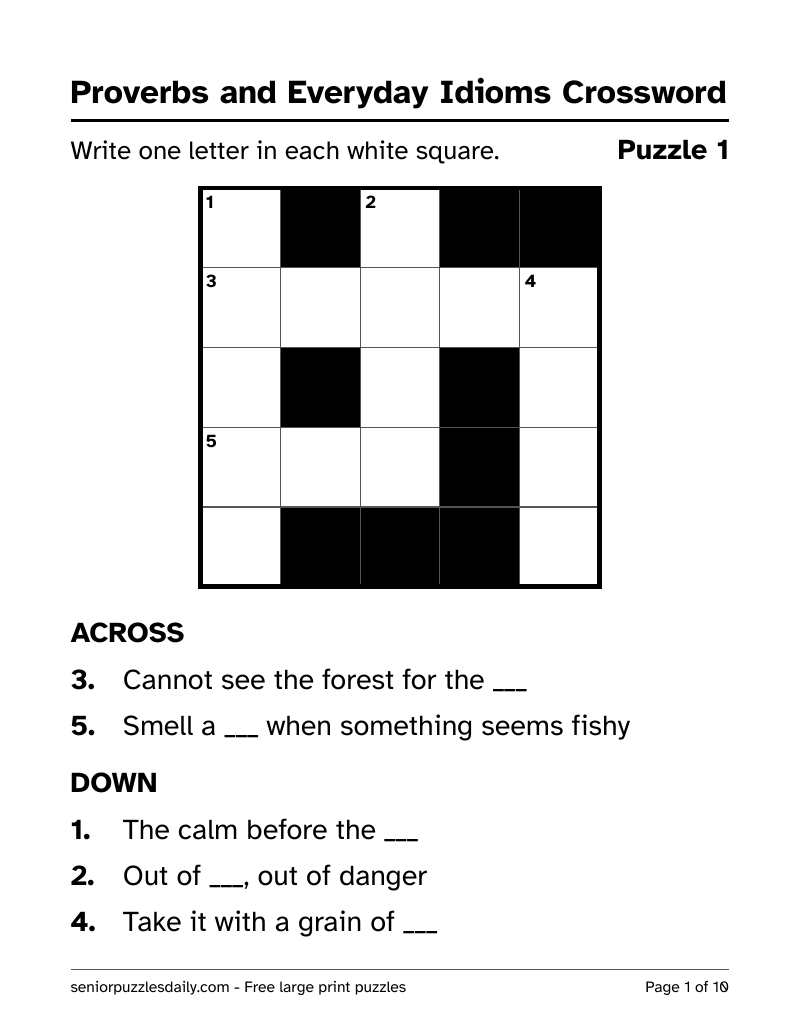 First page of the Proverbs and Everyday Idioms crossword PDF: a 5 by 5 crossword grid with clue numbers in the squares and fill-in-the-blank clues in very large print