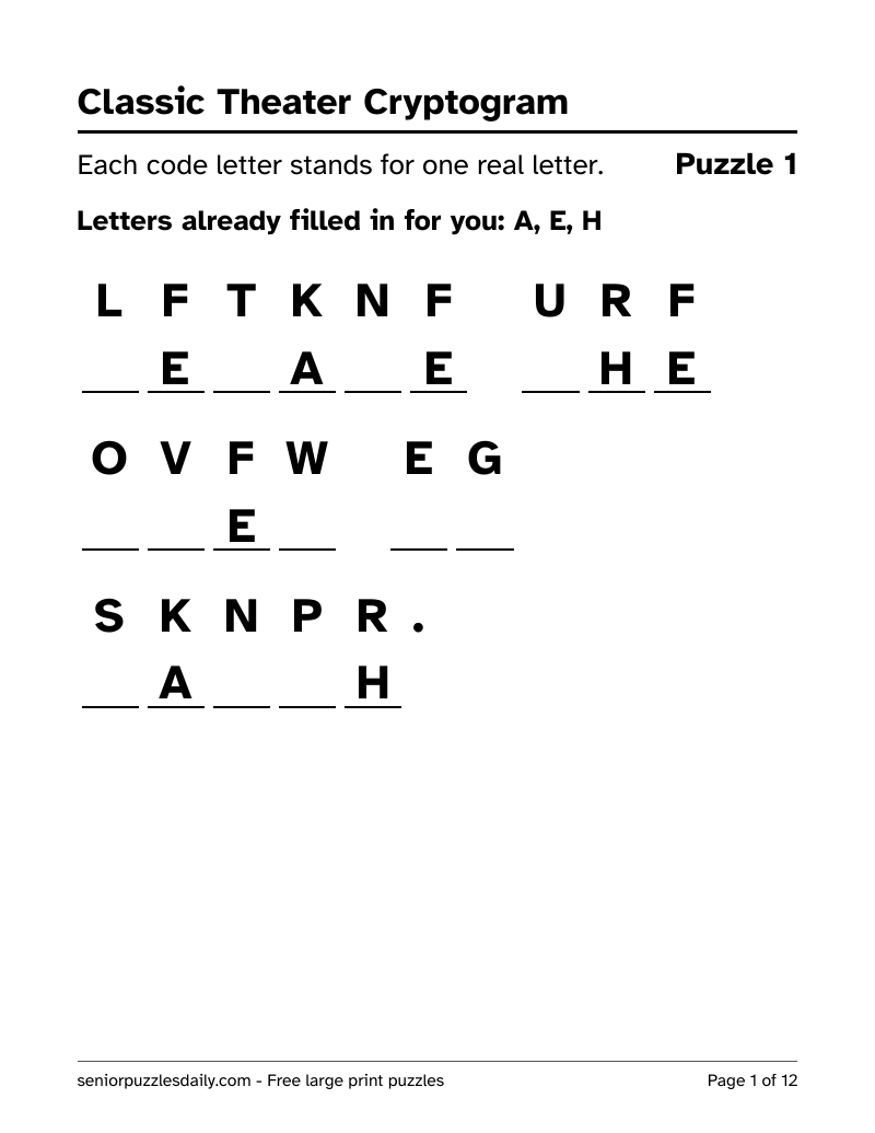 First page of the Classic Theater cryptogram PDF: a short line from a play in code, each code letter printed very large above a line to write on, with three letters filled in