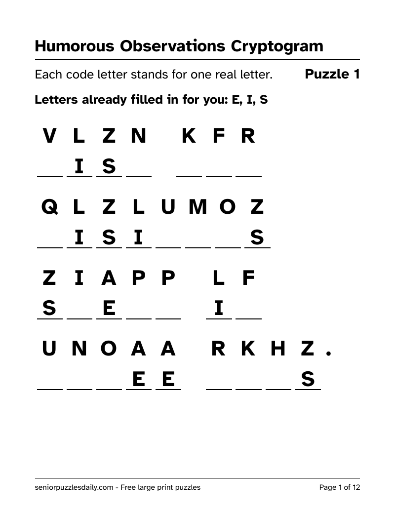 First page of the Humorous Observations cryptogram PDF: a witty saying in code, each code letter printed very large above a line to write on, with three letters filled in