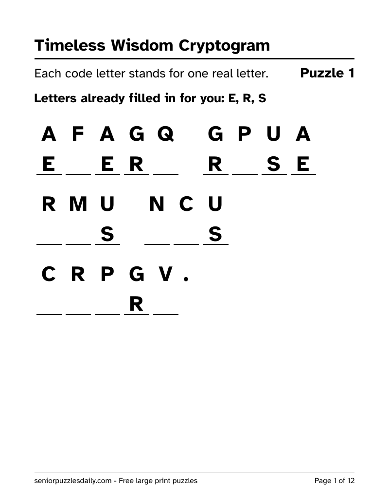 First page of the Timeless Wisdom cryptogram PDF: a short proverb in code, each code letter printed very large above a line to write on, with three letters filled in