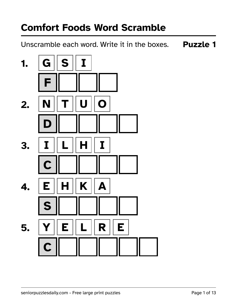 First page of the Comfort Foods word scramble PDF: five rows of shuffled letters in large print, each with a row of big empty boxes to write the word in