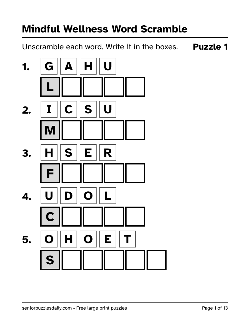 First page of the Mindful Wellness word scramble PDF: five rows of shuffled letters in large print, each with a row of big empty boxes to write the word in