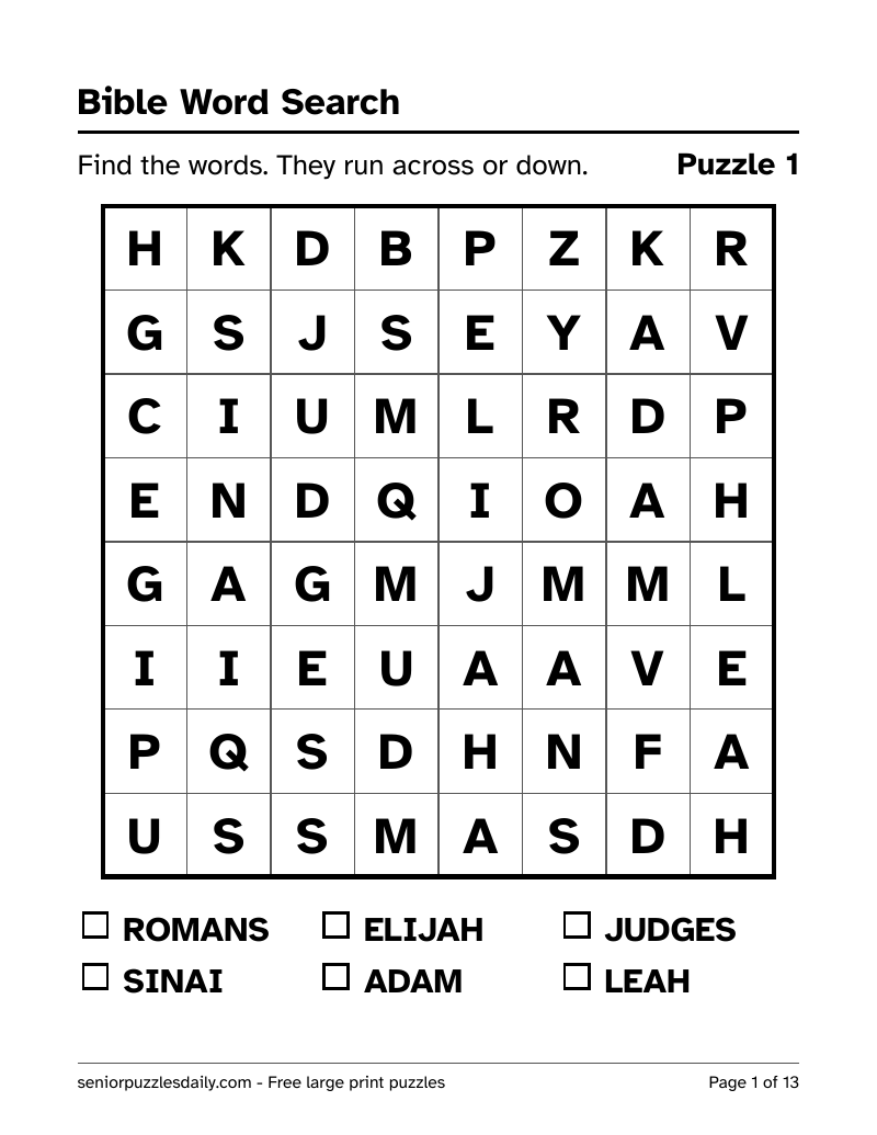First page of the Bible word search PDF: a bold 8 by 8 grid of very large letters, with six Bible names and places to find listed underneath