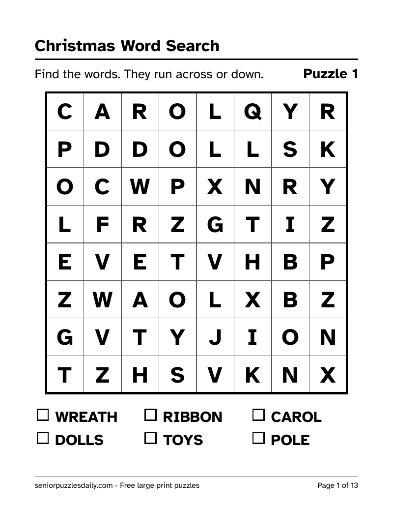 First page of the Christmas word search PDF: a bold 8 by 8 grid of very large letters, with six Christmas words to find listed underneath