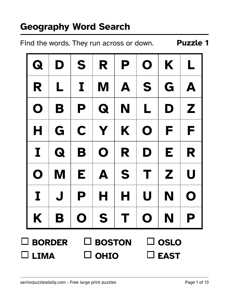 First page of the Geography word search PDF: a bold 8 by 8 grid of very large letters, with six words to find listed underneath