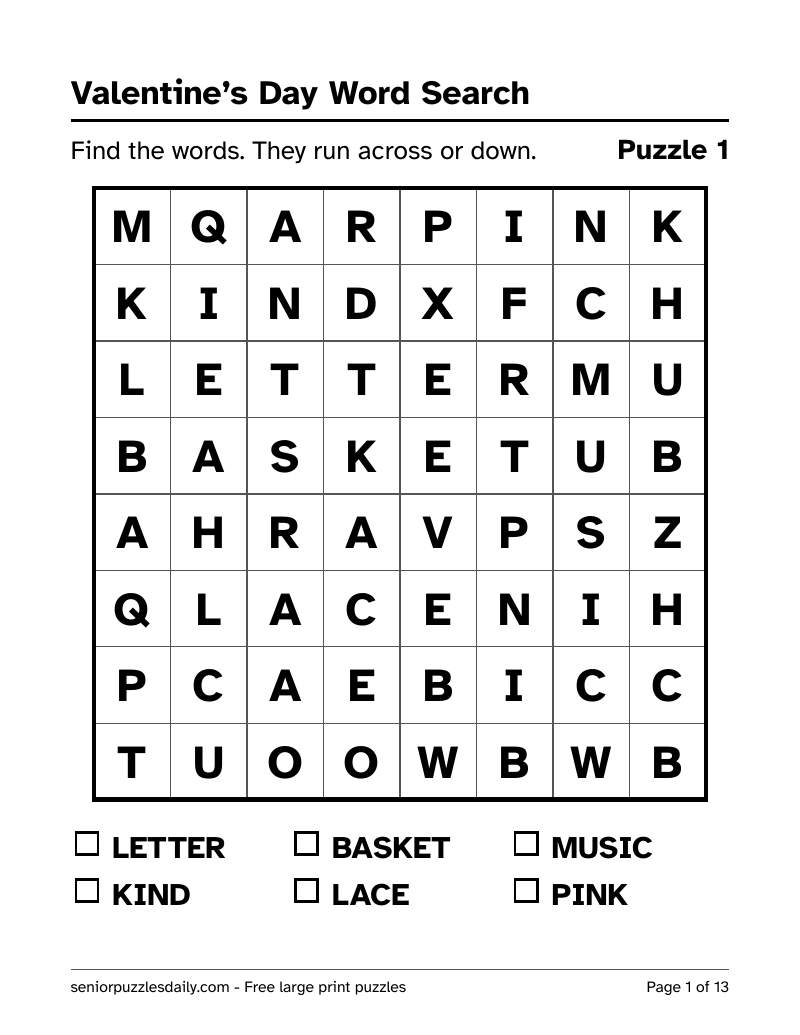 First page of the Valentine’s Day word search PDF: a bold 8 by 8 grid of very large letters, with six Valentine words to find listed underneath